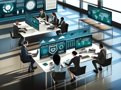 Servidores públicos analisando relatórios de tecnologia da informação em um escritório moderno e iluminado.