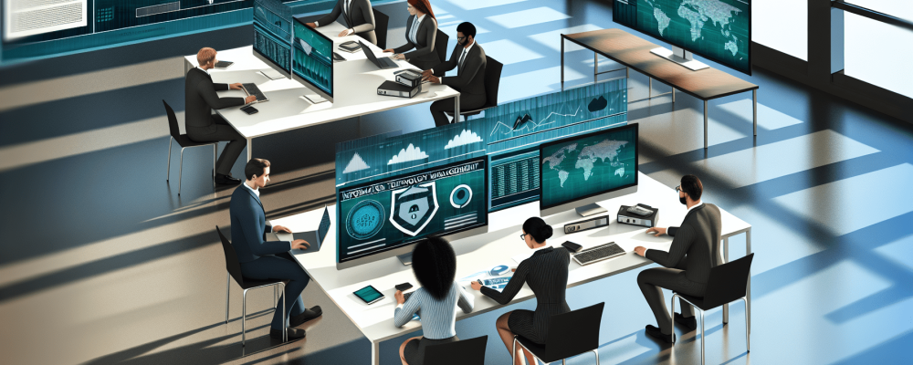 Servidores públicos analisando relatórios de tecnologia da informação em um escritório moderno e iluminado.