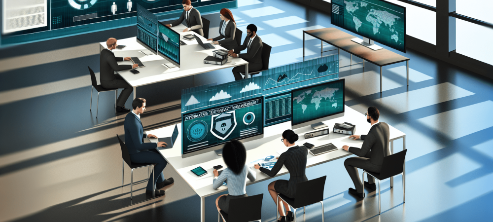 Servidores públicos analisando relatórios de tecnologia da informação em um escritório moderno e iluminado.