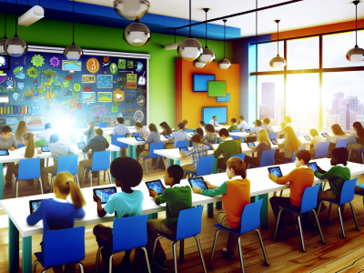 Ambiente escolar moderno com alunos usando tablets e tecnologia para aprendizado colaborativo.