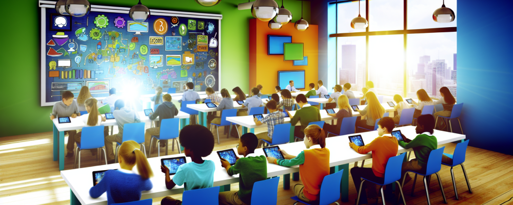 Ambiente escolar moderno com alunos usando tablets e tecnologia para aprendizado colaborativo.