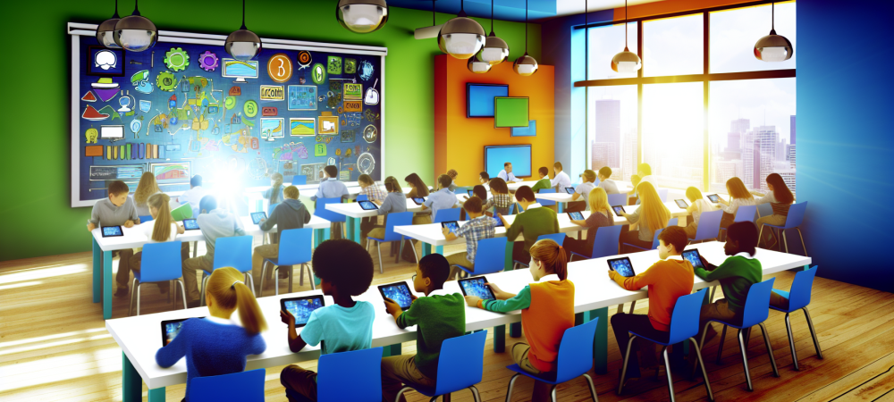 Ambiente escolar moderno com alunos usando tablets e tecnologia para aprendizado colaborativo.