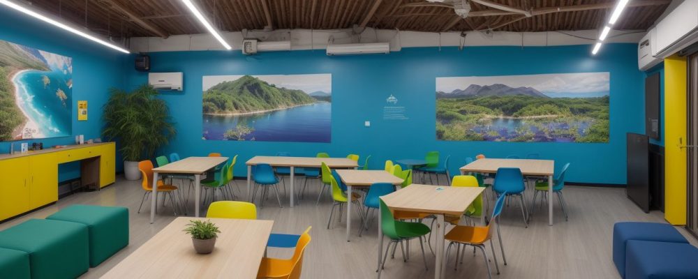 Sala de aula vibrante com alunos usando tablets e interagindo em atividades dinâmicas de inglês