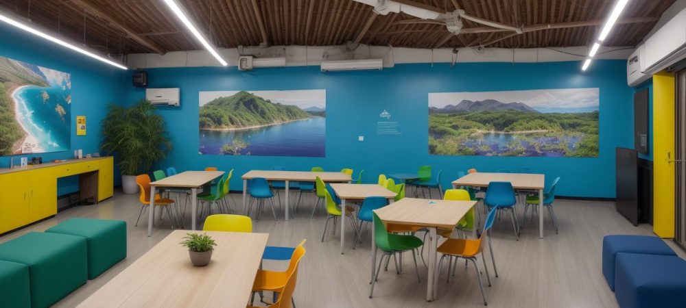Sala de aula vibrante com alunos usando tablets e interagindo em atividades dinâmicas de inglês