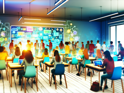 Sala de aula moderna com alunos usando tablets e lousas interativas, enfatizando tecnologias digitais.