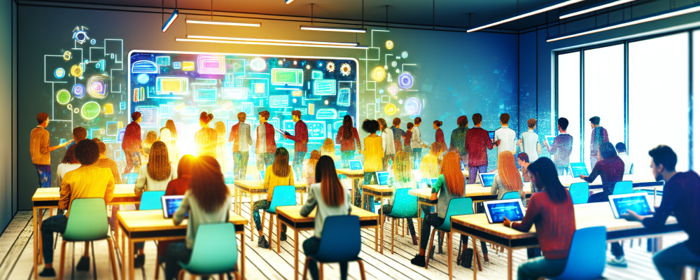 Sala de aula moderna com alunos usando tablets e lousas interativas, enfatizando tecnologias digitais.