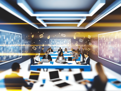 Sala de aula moderna com servidores públicos usando laptops, quadros digitais e tecnologia interativa.