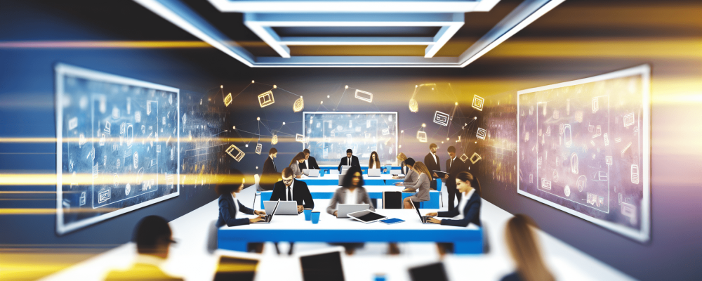 Sala de aula moderna com servidores públicos usando laptops, quadros digitais e tecnologia interativa.