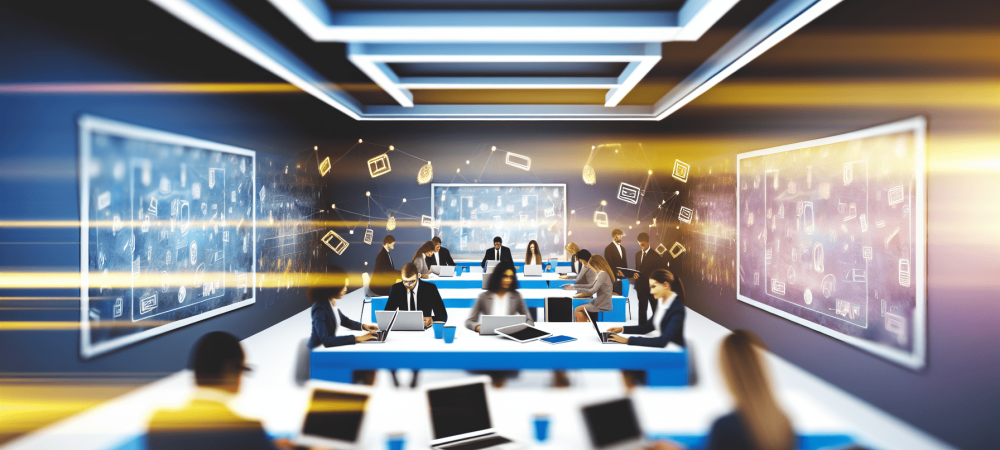 Sala de aula moderna com servidores públicos usando laptops, quadros digitais e tecnologia interativa.