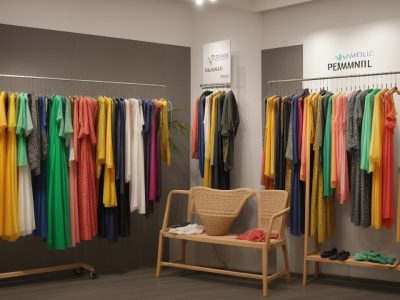 Vitrine de moda com roupas vibrantes e texturizadas destacando expressão pessoal e diversidade.