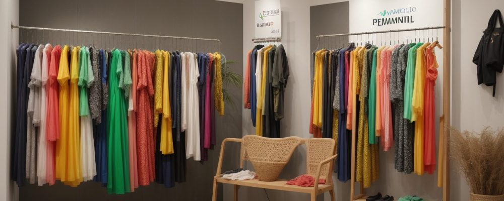 Vitrine de moda com roupas vibrantes e texturizadas destacando expressão pessoal e diversidade.