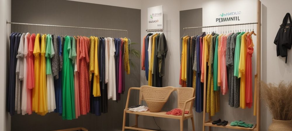 Vitrine de moda com roupas vibrantes e texturizadas destacando expressão pessoal e diversidade.