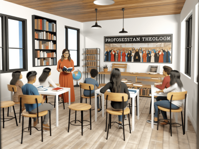 Professor apresenta conceitos da teologia cristã protestante em sala de aula