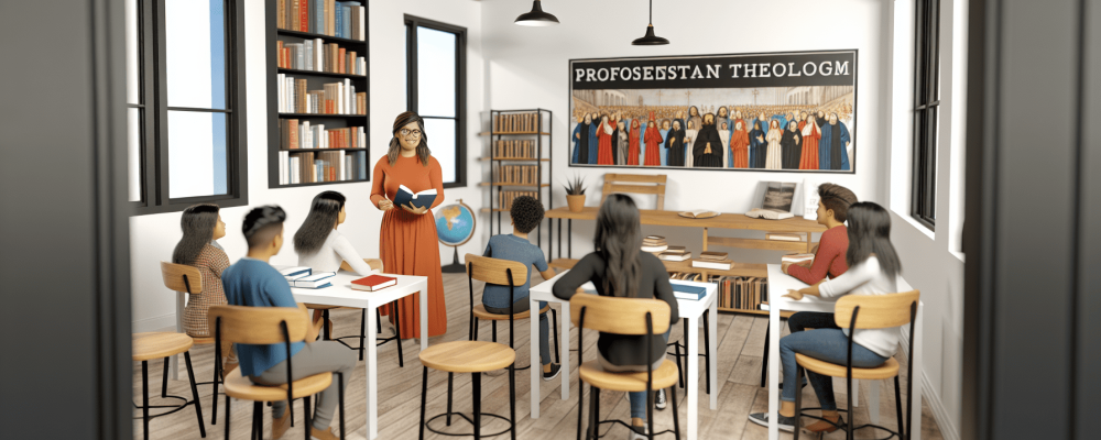 Professor apresenta conceitos da teologia cristã protestante em sala de aula