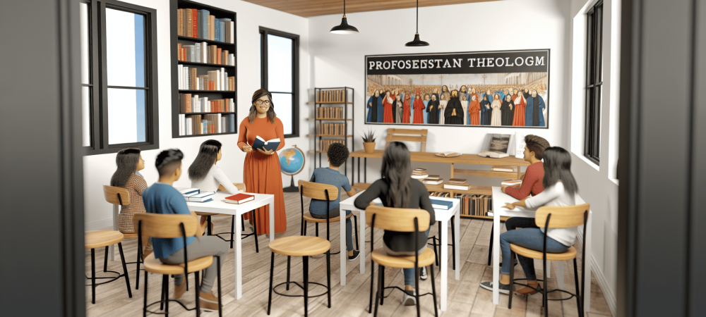 Professor apresenta conceitos da teologia cristã protestante em sala de aula