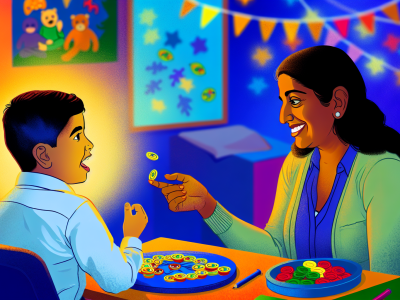 Uma terapeuta interage com uma criança autista em terapia ABA, utilizando jogos e fichas como reforço positivo em ambiente acolhedor.