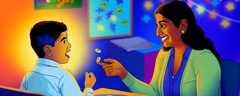 Uma terapeuta interage com uma criança autista em terapia ABA, utilizando jogos e fichas como reforço positivo em ambiente acolhedor.