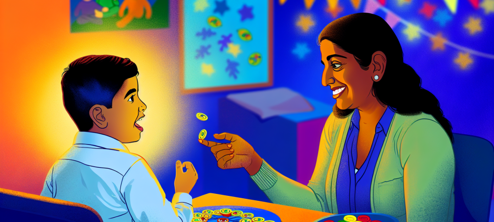 Uma terapeuta interage com uma criança autista em terapia ABA, utilizando jogos e fichas como reforço positivo em ambiente acolhedor.