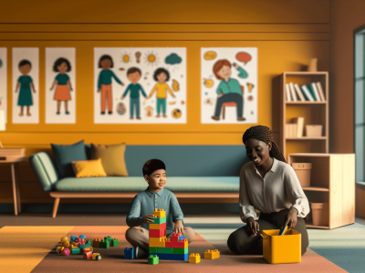 Sala de terapia ABA iluminada com criança e adulto usando blocos coloridos e recursos visuais para aprendizado.