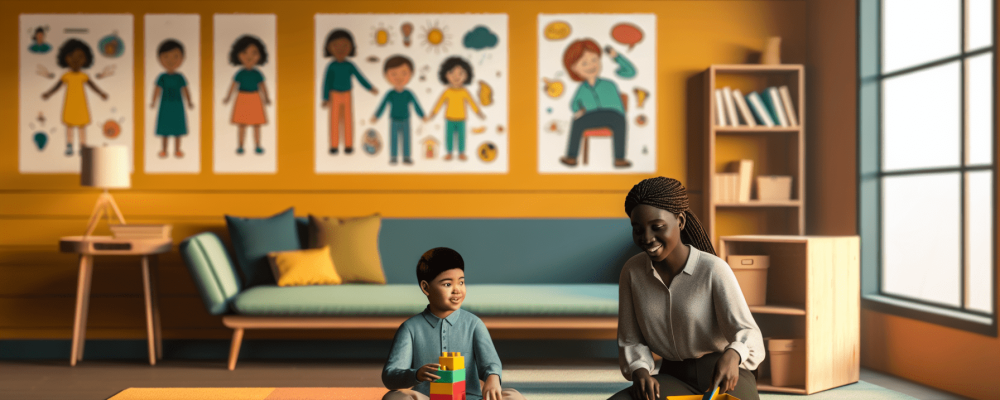 Sala de terapia ABA iluminada com criança e adulto usando blocos coloridos e recursos visuais para aprendizado.