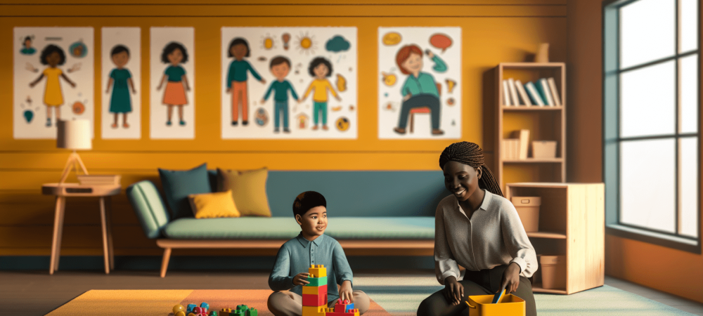 Sala de terapia ABA iluminada com criança e adulto usando blocos coloridos e recursos visuais para aprendizado.
