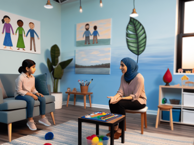Criança e terapeuta conversando em sala de terapia com jogos e arte, destacando apoio emocional no manejo do Transtorno Opositivo Desafiador.
