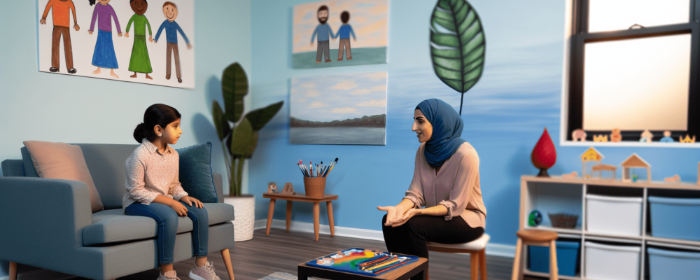 Criança e terapeuta conversando em sala de terapia com jogos e arte, destacando apoio emocional no manejo do Transtorno Opositivo Desafiador.