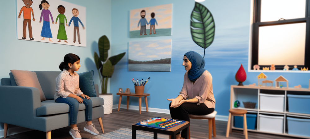 Criança e terapeuta conversando em sala de terapia com jogos e arte, destacando apoio emocional no manejo do Transtorno Opositivo Desafiador.