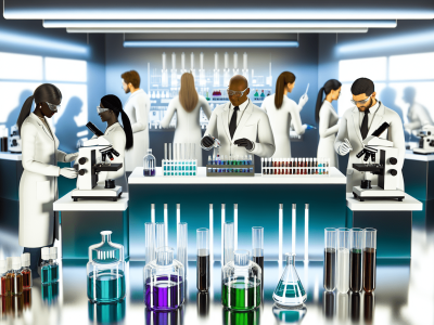 Laboratório moderno de toxicologia forense com cientistas usando espectrômetros e cromatógrafos, cercados por frascos químicos coloridos.