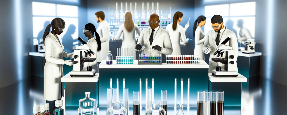Laboratório moderno de toxicologia forense com cientistas usando espectrômetros e cromatógrafos, cercados por frascos químicos coloridos.