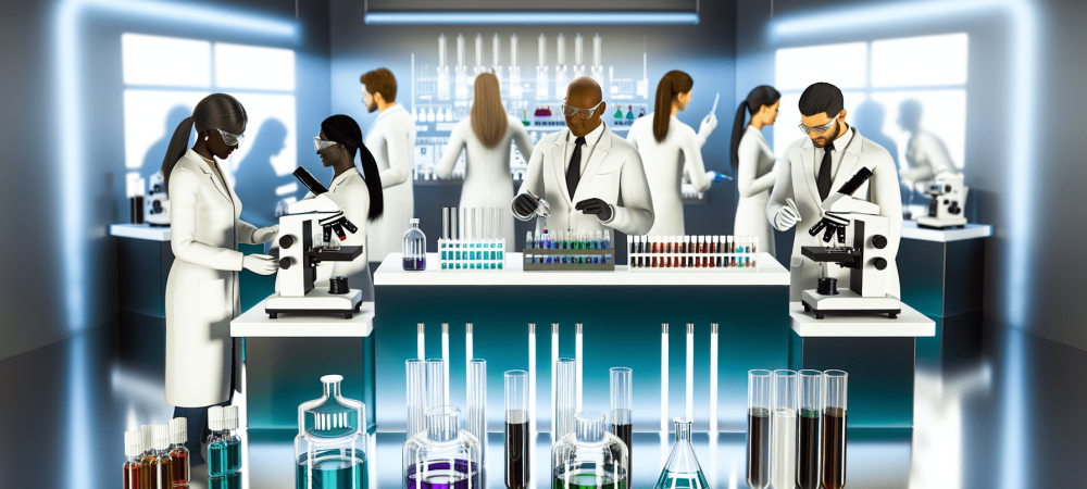 Laboratório moderno de toxicologia forense com cientistas usando espectrômetros e cromatógrafos, cercados por frascos químicos coloridos.