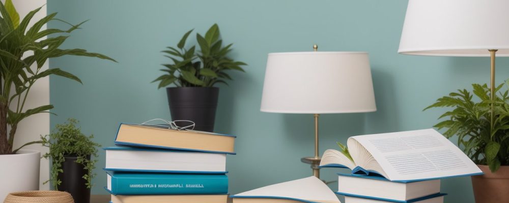 Um trabalhador confiante revisando documentos de legislação trabalhista em um escritório moderno, cercado por livros sobre direitos trabalhistas.