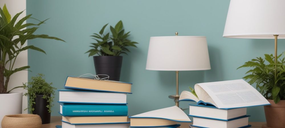 Um trabalhador confiante revisando documentos de legislação trabalhista em um escritório moderno, cercado por livros sobre direitos trabalhistas.