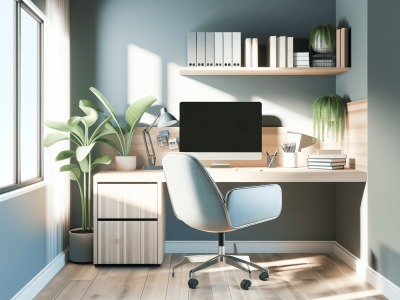 Ambiente de home office acolhedor com uma mesa moderna, cadeira ergonômica, plantas verdes e luz natural através de uma janela grande