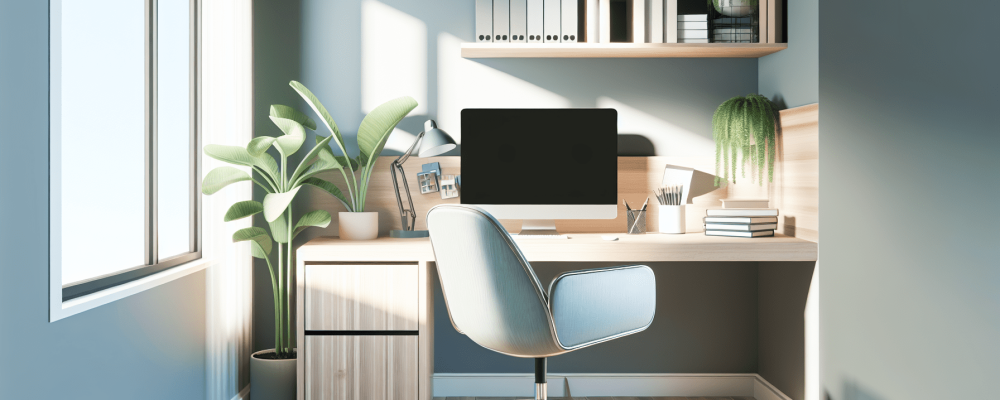 Ambiente de home office acolhedor com uma mesa moderna, cadeira ergonômica, plantas verdes e luz natural através de uma janela grande