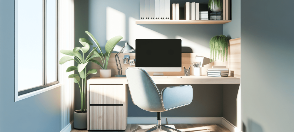 Ambiente de home office acolhedor com uma mesa moderna, cadeira ergonômica, plantas verdes e luz natural através de uma janela grande