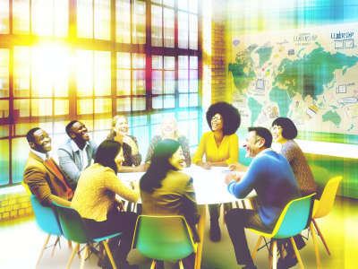 Servidores públicos em mesa redonda discutindo liderança e aplicação de terapia ABA em ambiente colaborativo, com luz natural e quadro branco ao fundo.