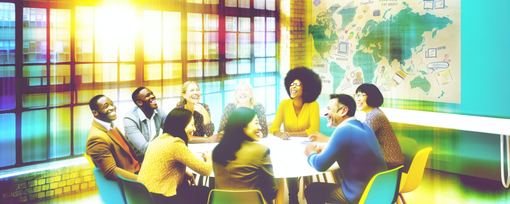 Servidores públicos em mesa redonda discutindo liderança e aplicação de terapia ABA em ambiente colaborativo, com luz natural e quadro branco ao fundo.