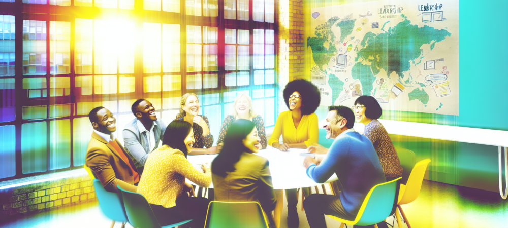 Servidores públicos em mesa redonda discutindo liderança e aplicação de terapia ABA em ambiente colaborativo, com luz natural e quadro branco ao fundo.