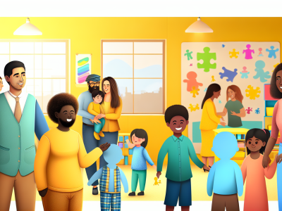 Pessoas de diferentes etnias interagindo, em ambiente educativo inclusivo, representando o transtorno do espectro do autismo.