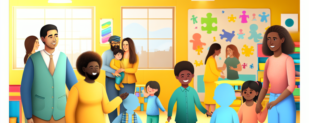 Pessoas de diferentes etnias interagindo, em ambiente educativo inclusivo, representando o transtorno do espectro do autismo.