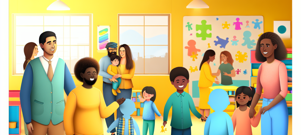 Pessoas de diferentes etnias interagindo, em ambiente educativo inclusivo, representando o transtorno do espectro do autismo.