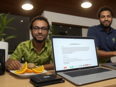 Ambiente de escritório moderno com líderes e colaboradores participando de um treinamento colaborativo sobre gestão de pessoas, em um espaço vibrante e energizante.