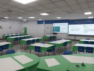 Sala de aula com alunos e professores em treinamento sobre primeiros socorros com equipamentos e materiais didáticos, promovendo a importância da Lei Lucas.