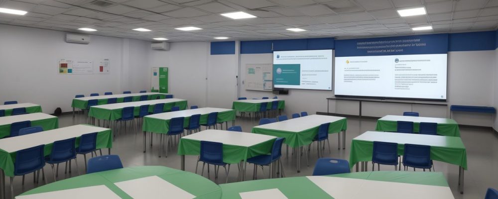 Sala de aula com alunos e professores em treinamento sobre primeiros socorros com equipamentos e materiais didáticos, promovendo a importância da Lei Lucas.