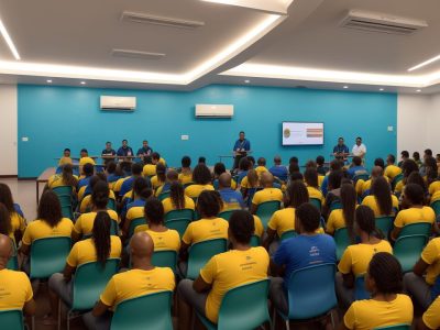 Educadores e alunos participando de um treinamento de primeiros socorros da Lei Lucas em um ambiente colaborativo e ilustrativo.