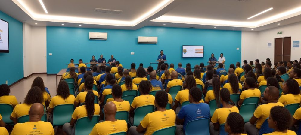 Educadores e alunos participando de um treinamento de primeiros socorros da Lei Lucas em um ambiente colaborativo e ilustrativo.