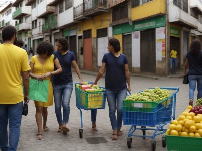 Cena vibrante de mercado com pessoas fazendo compras e destaque em impostos ICMS e IPI, ilustrando a tributação no Brasil.