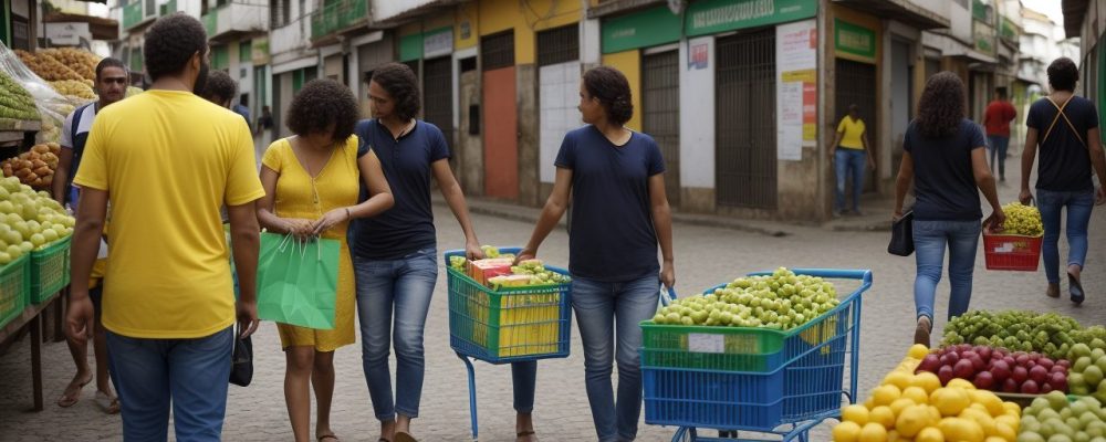 Cena vibrante de mercado com pessoas fazendo compras e destaque em impostos ICMS e IPI, ilustrando a tributação no Brasil.