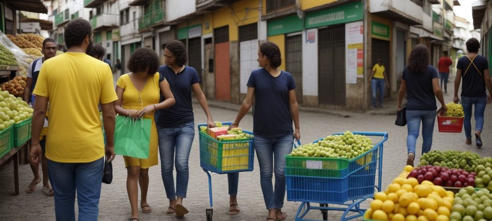 Cena vibrante de mercado com pessoas fazendo compras e destaque em impostos ICMS e IPI, ilustrando a tributação no Brasil.